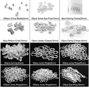 Silver jewelry DIY kit including lobster clasps, jump rings and ear hooks for crafting