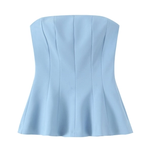 Light blue strapless tube top with peplum hem and structured tailored fit for women