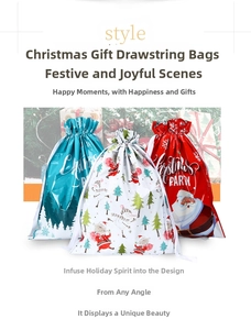 Detailed view of drawstring Christmas gift bags in red, blue, and white festive designs
