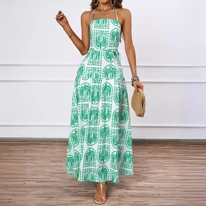 Women's tropical palm print halter neck maxi dress for summer beach vacation style