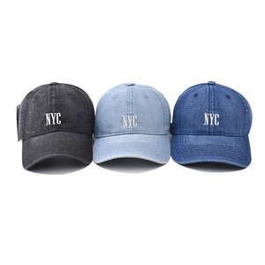Vintage washed denim baseball caps with NYC embroidery in black, light blue and dark blue