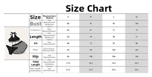 Detailed size chart for striped three-piece swimwear including bust and waist measurements