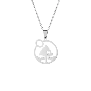 Polished stainless steel necklace featuring a round cutout tree and wave pendant