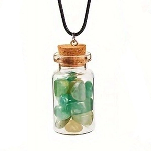 Wish bottle necklace with glass pendant, cork stopper, and green crystal stones on black cord