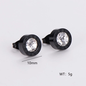 Detail of 10mm stainless steel stud earring with Roman numerals and centered zircon