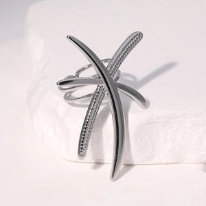 Minimalist silver dragonfly stainless steel ring with unique textured cross design