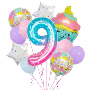 Detail of macaron color balloon set with gradient number 9 and ice cream shaped foil