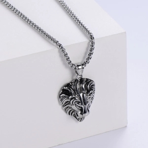 Men's retro stainless steel lion head pendant necklace with vintage silver finish