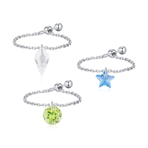 S925 sterling silver chain rings with geometric crystal pendants in multiple colors