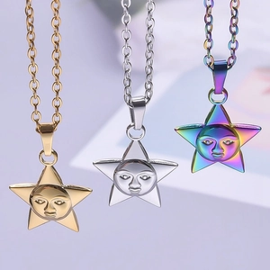 Stainless steel star face necklaces in gold silver and rainbow finishes with O-chains