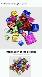 Detail view of colorful mini Christmas gift box ornaments with metallic ribbons and laser finish