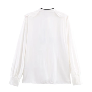 Back view of a white long-sleeved satin shirt with elegant bow tie layering detail