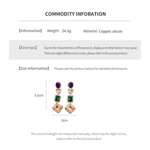 Detail view of multicolored gemstone earrings featuring copper and zircon materials