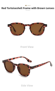 Detailed front and side views of vintage round tortoise sunglasses with brown lenses