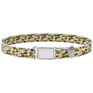 Detail of white kids elastic belt with yellow construction vehicle patterns and silver buckle