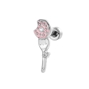 Cute silver fork and pink donut screw back cartilage stud earring with cubic zirconia
