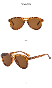 Front and side view of demi-tea pilot sunglasses with double bridge and leopard frame