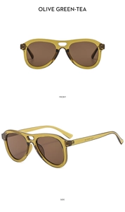 Front and side views of vintage pilot sunglasses with olive green double-bridge frames