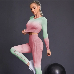 Damen 2-Teiler Yoga-Set mit Langarm-Crop-Top und High-Waist-Leggings im Farbverlauf