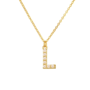 Detailed macro view of gold-plated letter L pendant featuring elegant white pearls