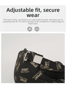 Detail of adjustable metal buckle and strap on back of the printed sports baseball cap