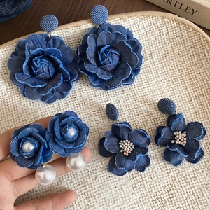 Vintage Denim Fabric Flower Stud Earrings With 925 Sterling Silver Earring Post Faux Artificial Pearl Rose Floral Jewelry Women