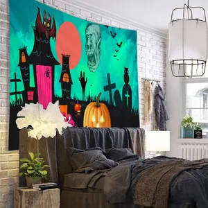 Detailed Halloween tapestry showing pumpkin, ghost castle and bats for bedroom wall decor