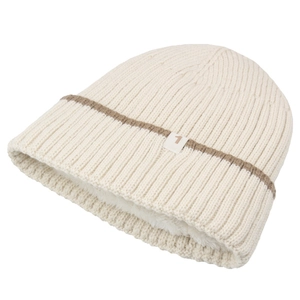 Winter thermal knit beanie hat with fleece lining and stripe detail in beige