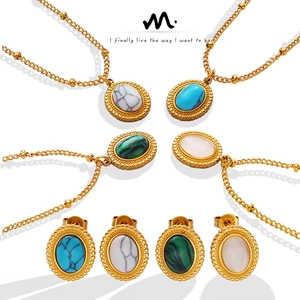 Vintage French Bohemian Necklace And Earrings For Women Titanium Stainless Steel Natural Stone Turquoise Cat Eye Stone Oval
