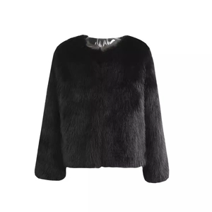 Short black faux fur coat with a round neck and thick plush texture for winter style