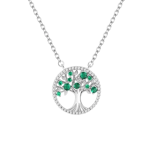 Bohemian silver life tree pendant necklace with green zircons and white stones on O-chain