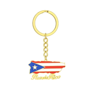 Macro detail of Puerto Rico map pendant keychain with red white blue enamel finish