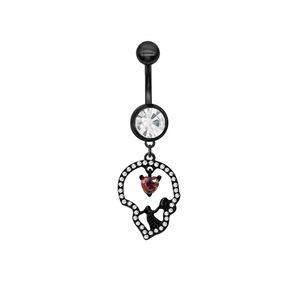Piercing para ombligo gótico con base negra, circón de corazón rojo y colgante de cráneo