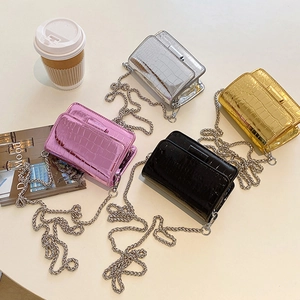 Mini Crossbody Bag Crocodile Embossed Metallic PU Leather Shiny Small Square Flap Handbag With Chain Strap For Women