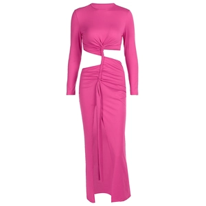 Elegant fuchsia long sleeve maxi dress with waist cut-outs and twisted ruching details