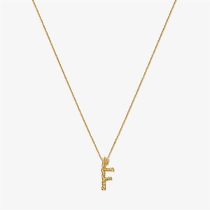 Detail of gold letter F pendant with bamboo texture and small sparkling stones on chain