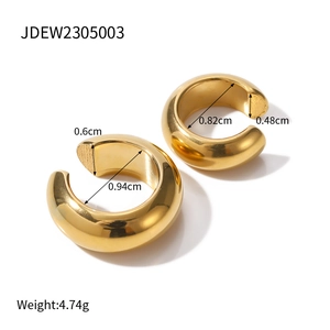 Golden C-shaped stainless steel hoop earrings with precise size and weight measurements