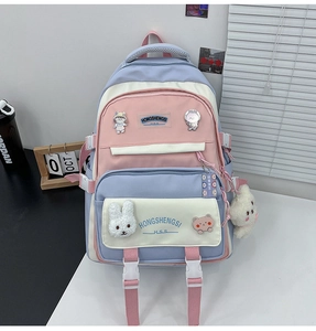 Detailed close-up of pink and blue school backpack with cute cartoon badges and charms