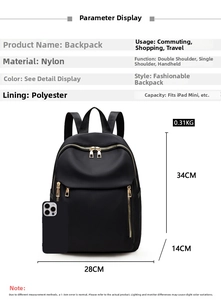 Detailed size guide for black nylon backpack with 34cm height and storage capacity info
