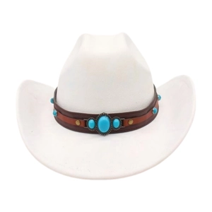 Close-up of a white felt cowboy hat featuring a brown leather band and turquoise stone