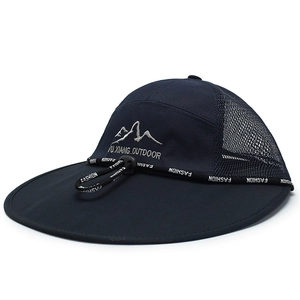 Close-up of dark blue wide brim sun hat with breathable mesh and adjustable chin strap