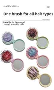 Detailed view of colorful foldable travel hairbrushes with built-in compact mirrors