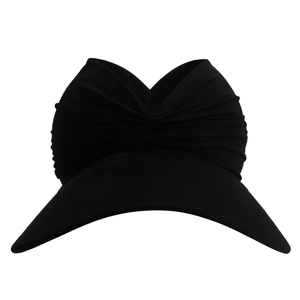 Detail of black twist knot sun visor headband with a wide brim for UV protection