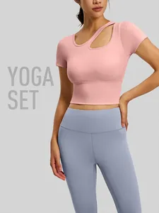 Top Corto Yoga Fitness Da Donna Con Scollo A Goccia E Leggings A Vita Alta Poliestere Spandex Slim Fit