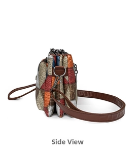 Side view of multi-color patchwork shoulder bag with three separate zipper compartments
