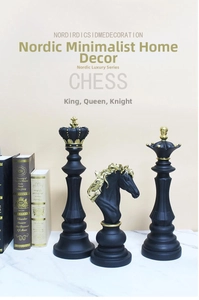 Detail of black and gold resin chess ornaments King Queen Knight for home decor