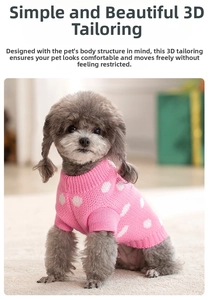 Detailed close-up of pink knitted dog sweater with white polka dots and high neck collar