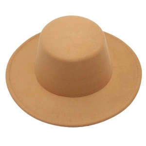 Detailed macro view of the premium khaki wool felt boater hat with a flat brim design