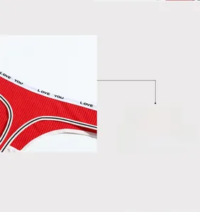 Detail of red ribbed thong featuring a white elastic waistband with LOVE YOU lettering