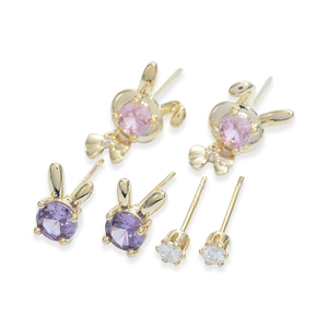 Three-pair gold stud earring set featuring cute rabbits and colorful zircon stones
